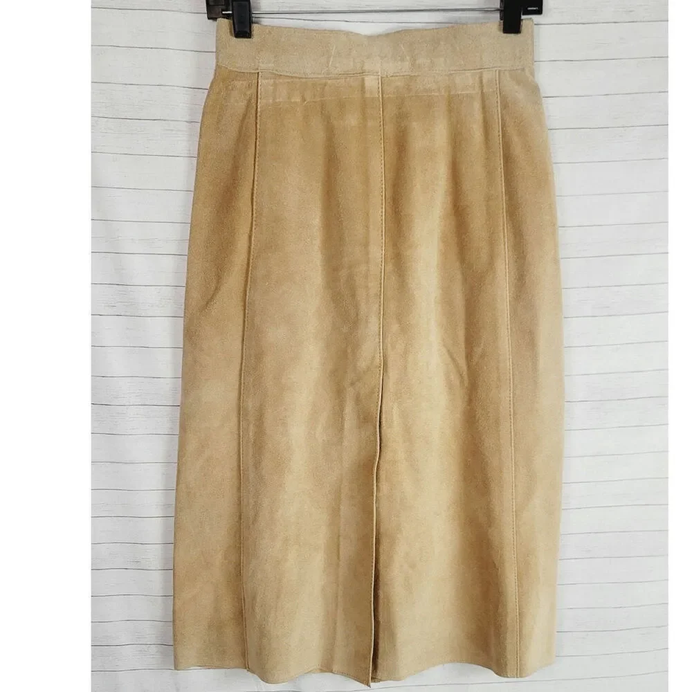 HANDMADE MADE IN ARGENTINA A100% SUEDE LEATHER MIDI SKIRT IN TAN, SZ XS/SM